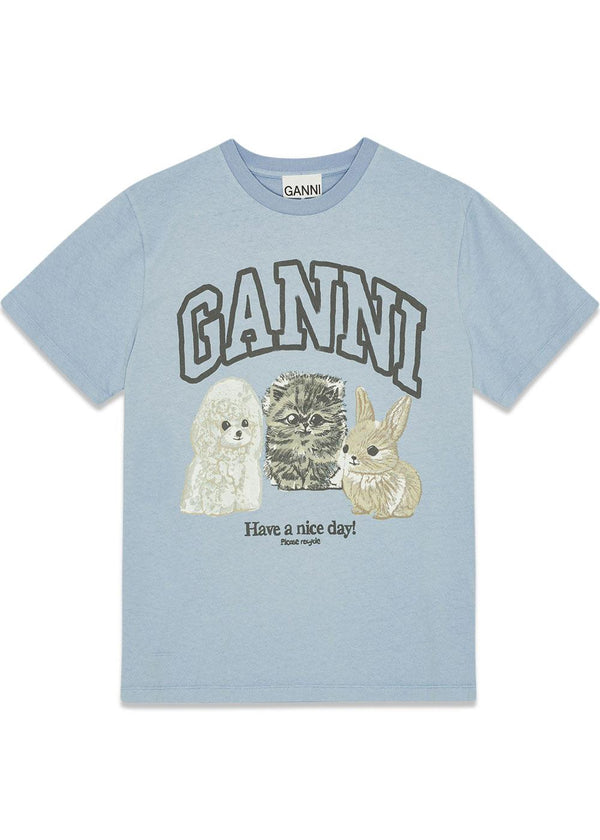 Basic Cotton Jersey Animals Relaxed T-shirt - Chambray Blue-T-shirts-Ganni-Butler Loftet