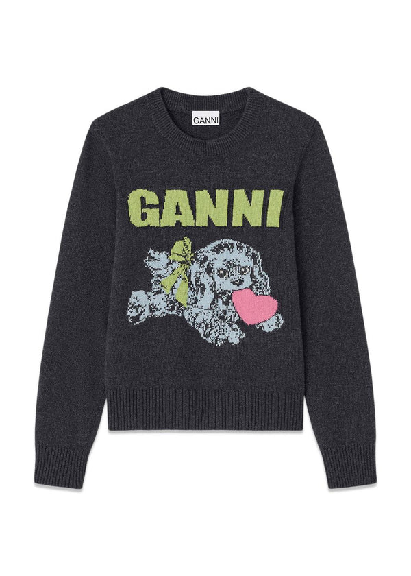 Graphic Wool Mix Puppy Love Crewneck - Phantom-Knitwear-Ganni-Butler Loftet