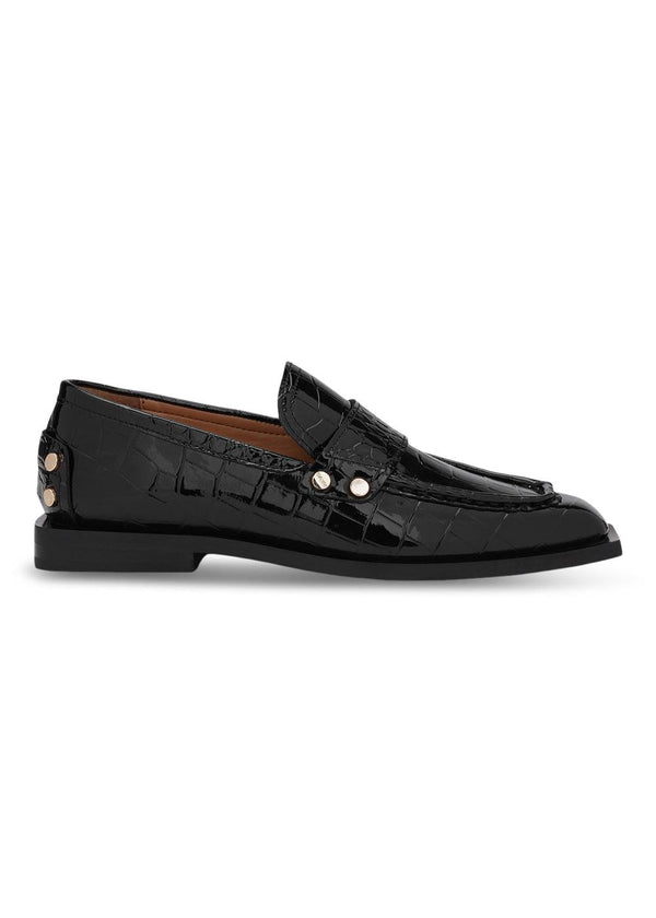 Studs Square Toe Loafer Shiny Croco - Black-Shoes-Ganni-Butler Loftet