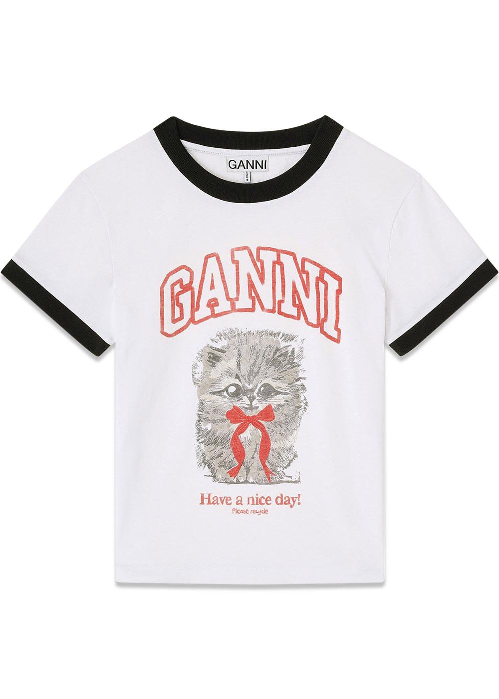 Basic Cotton Jersey Margot Kitty Print - Bright White-T-shirts-Ganni-Butler Loftet