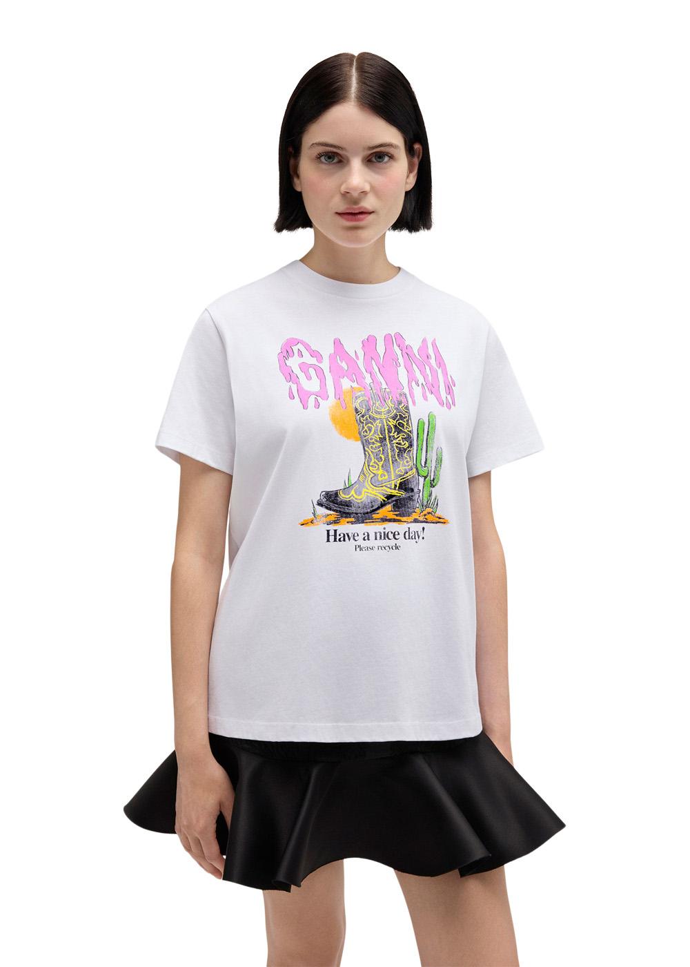 Basic Cotton Jersey T-shirt Boots Print - Bright White-T-shirts-Ganni-Butler Loftet