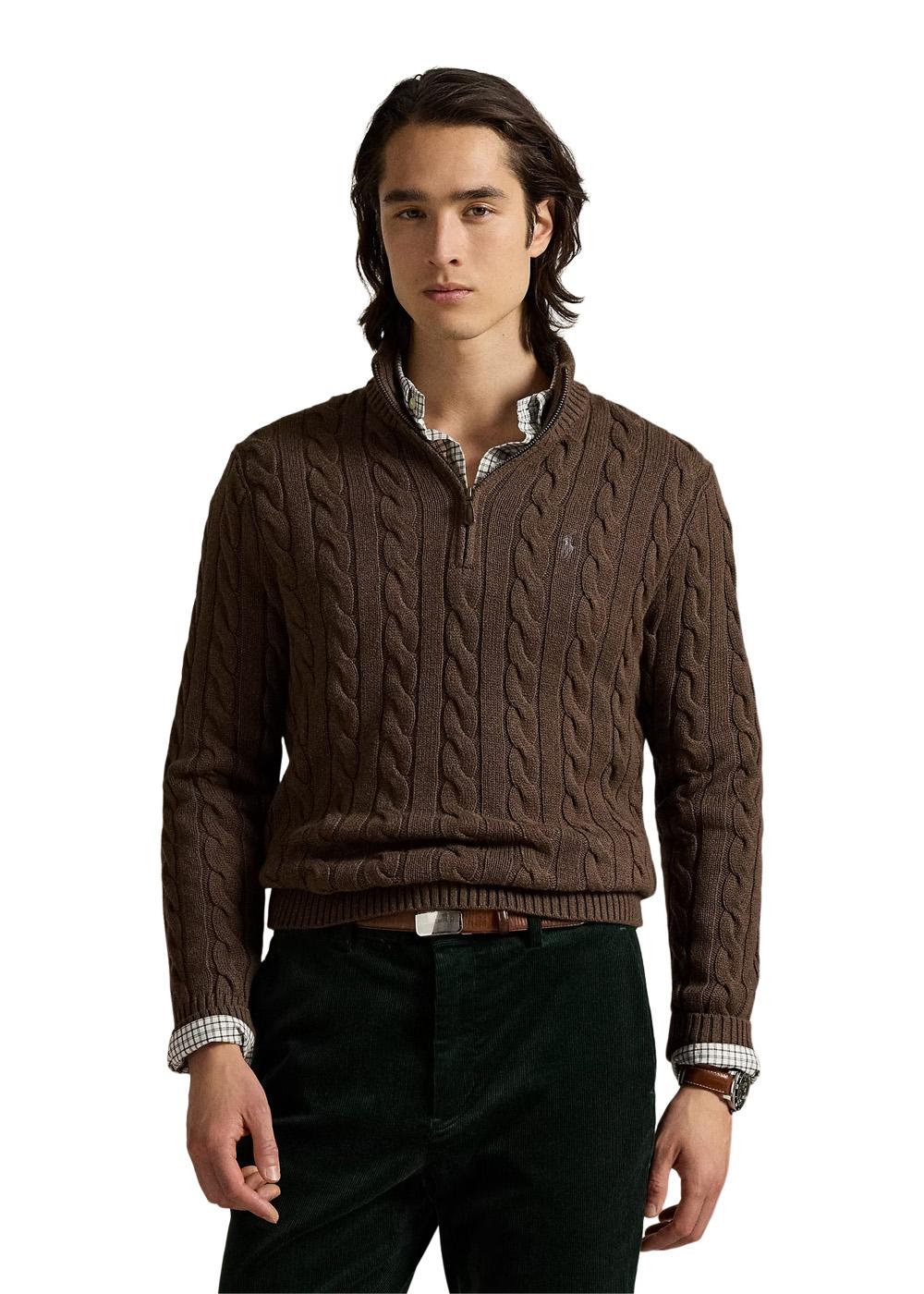 Cable Knit Cotton Quater Zip Sweater - Brown-Knitwear-Ralph Lauren-Butler Loftet