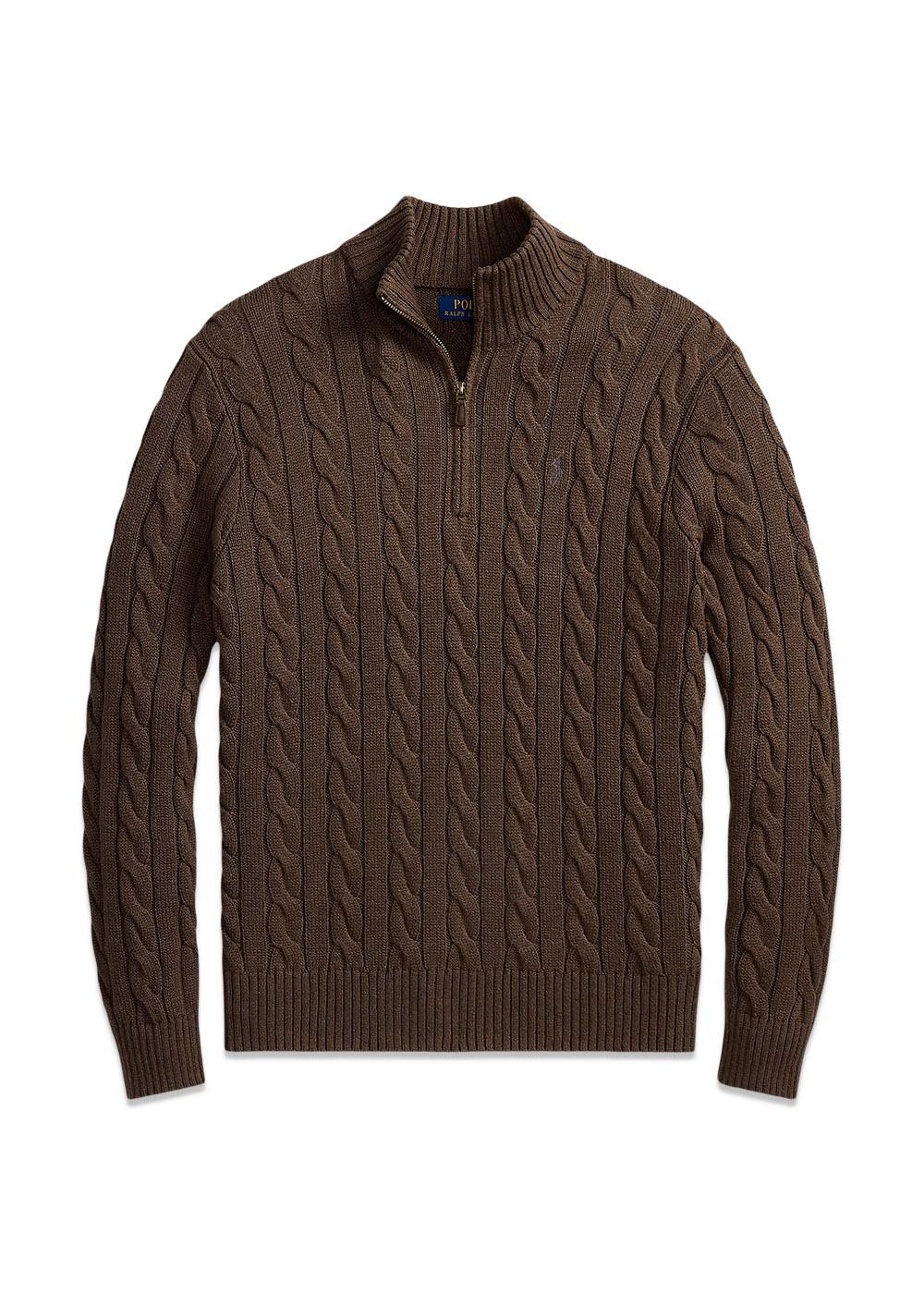 Cable Knit Cotton Quater Zip Sweater - Brown-Knitwear-Ralph Lauren-Butler Loftet