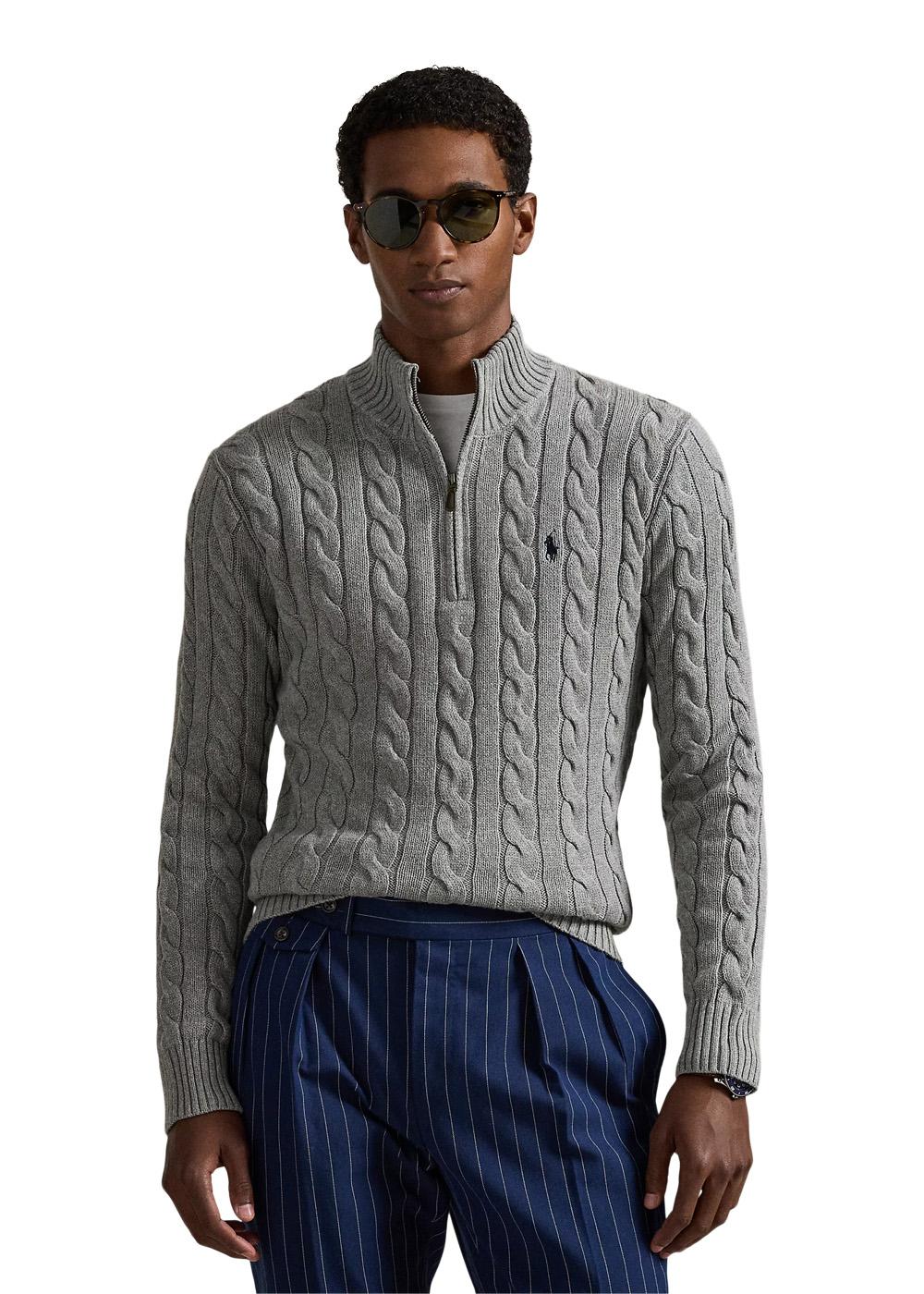 Cable Knit Cotton Quater Zip Sweater - Grey-Knitwear-Ralph Lauren-Butler Loftet