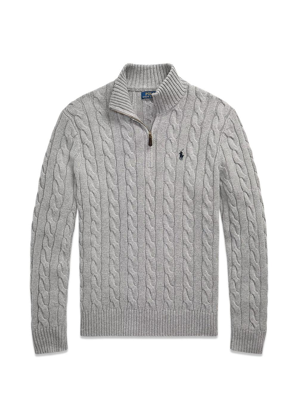 Cable Knit Cotton Quater Zip Sweater - Grey-Knitwear-Ralph Lauren-Butler Loftet