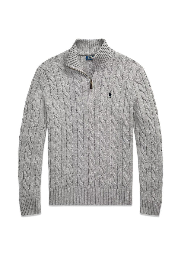 Cable Knit Cotton Quater Zip Sweater - Grey-Knitwear-Ralph Lauren-Butler Loftet