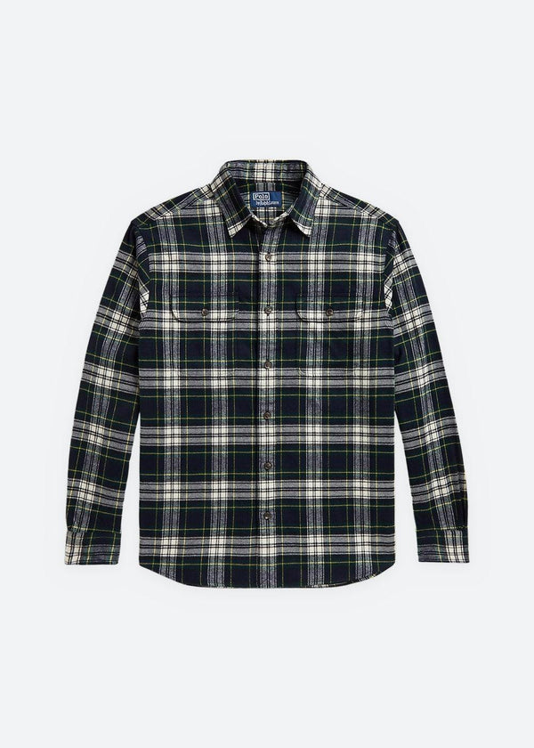 Classic Fit Plaid Flannel Workshirt - Navy Green Multi