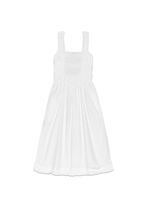 Cotton Poplin Midi Strap Smock Dress - Bright White