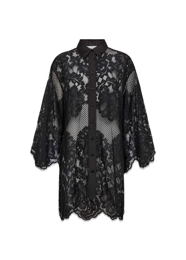 Curvey Lace Hem Midi Shirt - Black-Shirts-HAUTE L’AMITIÉ-Butler Loftet