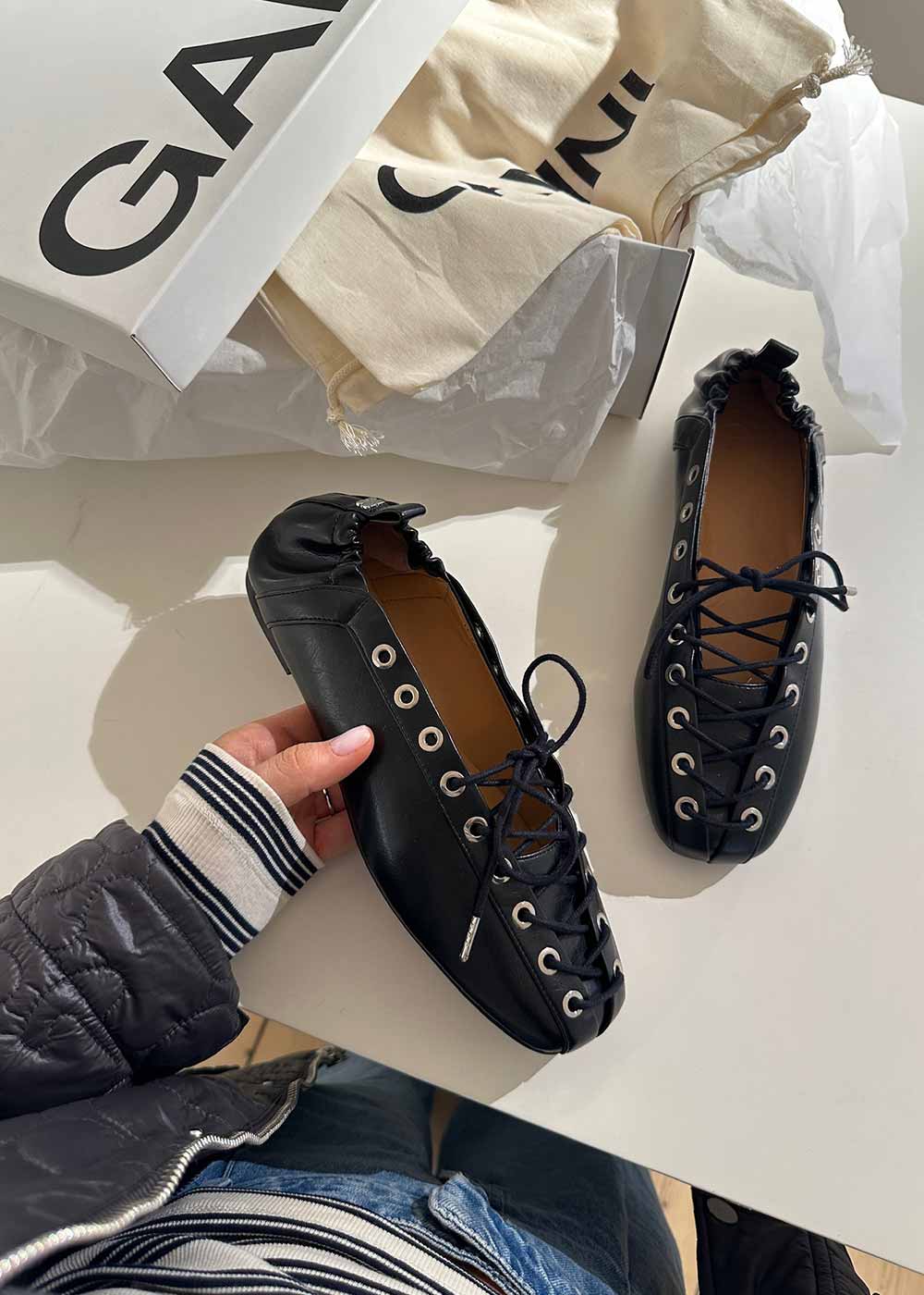 Eyelets Lace Up Ballerina Crinkle Oleatex - Black-Shoes-Ganni-Butler Loftet