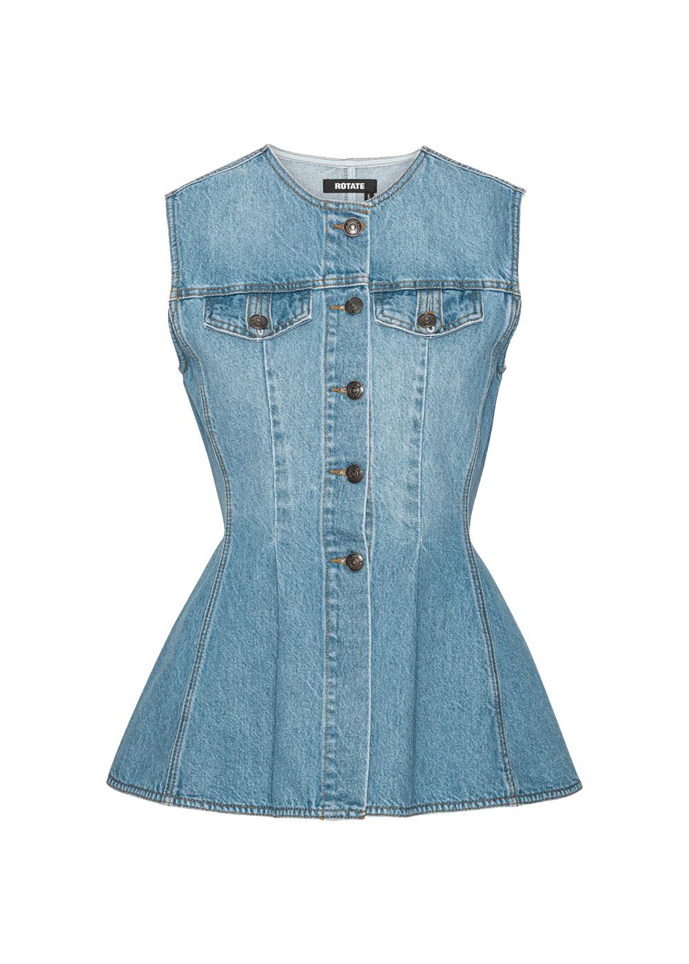 FLARED DENIM TOP - Hydrangea (Blue)-Top-Rotate-Butler Loftet