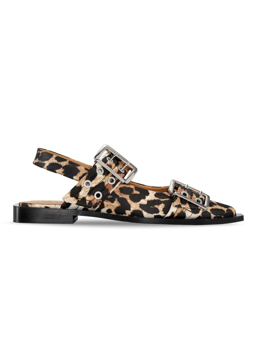 Feminine Buckle Ballerina Satin Print - Leopard-Shoes-Ganni-Butler Loftet
