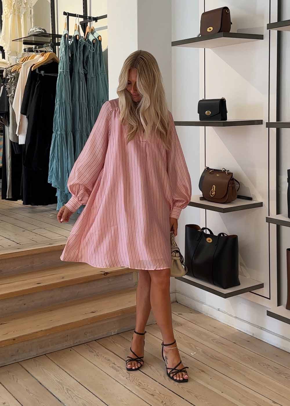 KIMONO MINI DRESS - Rose Pinstripe-Dress-Stine Goya-Butler Loftet