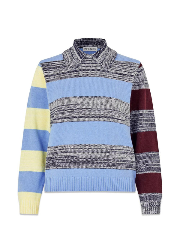 Mix Stripe Polo Collar Sweater - Multistripes Blue Mix-Knitwear-Stine Goya-Butler Loftet