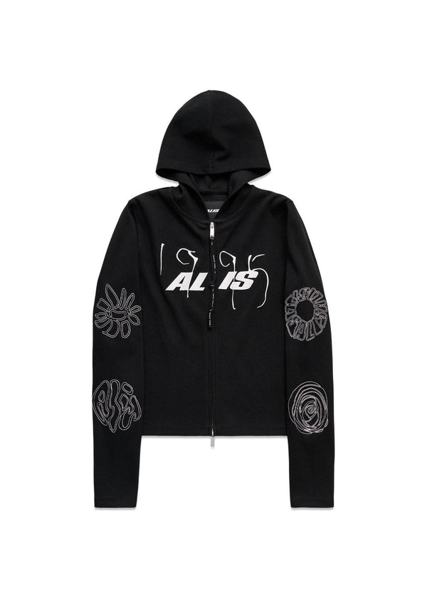 NORTEY RIB JERSEY HOODIE W/ ZIPPER & EMBROIDERY - Solid Black-Hoodies-ALIS-Butler Loftet