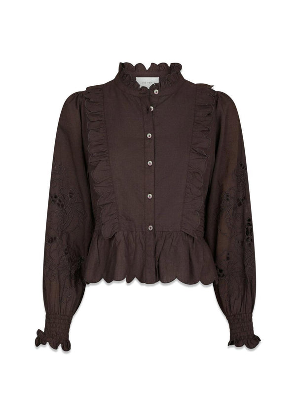 Petrine Embroidery Blouse - Dark Brown-Blouses-Neo Noir-Butler Loftet
