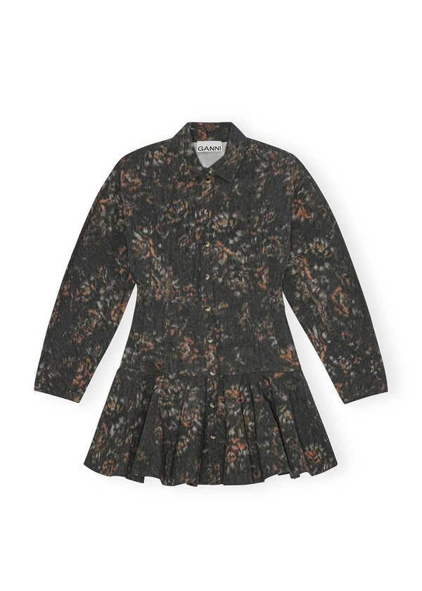 Printed Stretch Cotton Buttoned Mini Dress - Phantom-Dress-Ganni-Butler Loftet