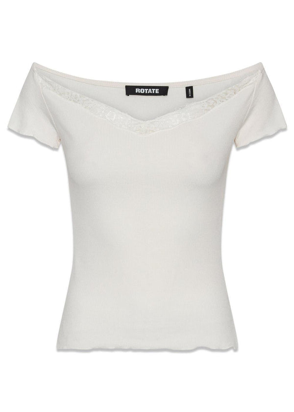 RIB V-NECK LACE TOP - Egret-Blouses-Rotate-Butler Loftet