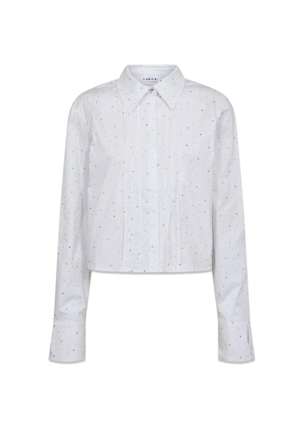 Rhinestone Crop Shirt - White-Shirts-HAUTE L’AMITIÉ-Butler Loftet