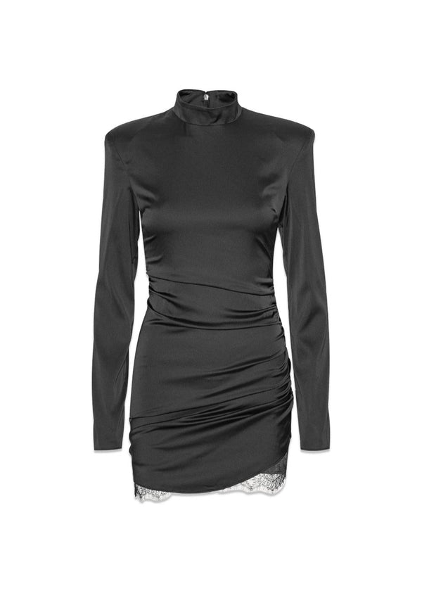 SATIN RUCHED MINI DRESS - Black-Dress-Rotate-Butler Loftet