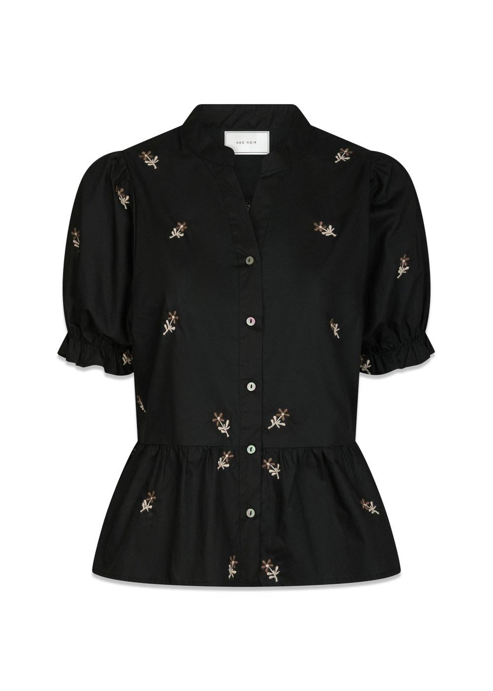 Savy Flower Emb Blouse - Black-Blouses-Neo Noir-Butler Loftet