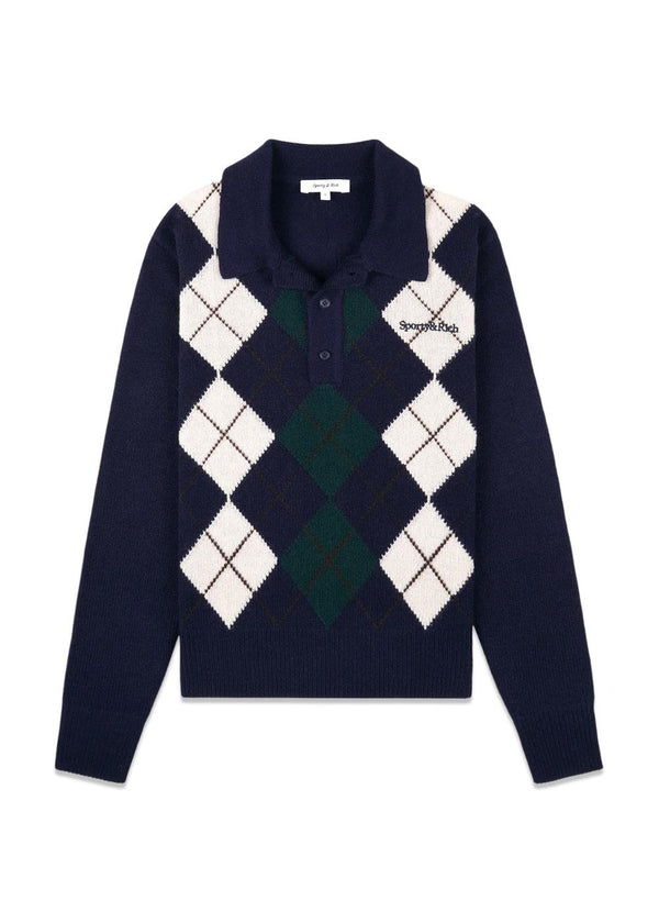 Serif Logo Argyle Cashmere Polo - Dark Navy-Knitwear-Sporty & Rich-Butler Loftet