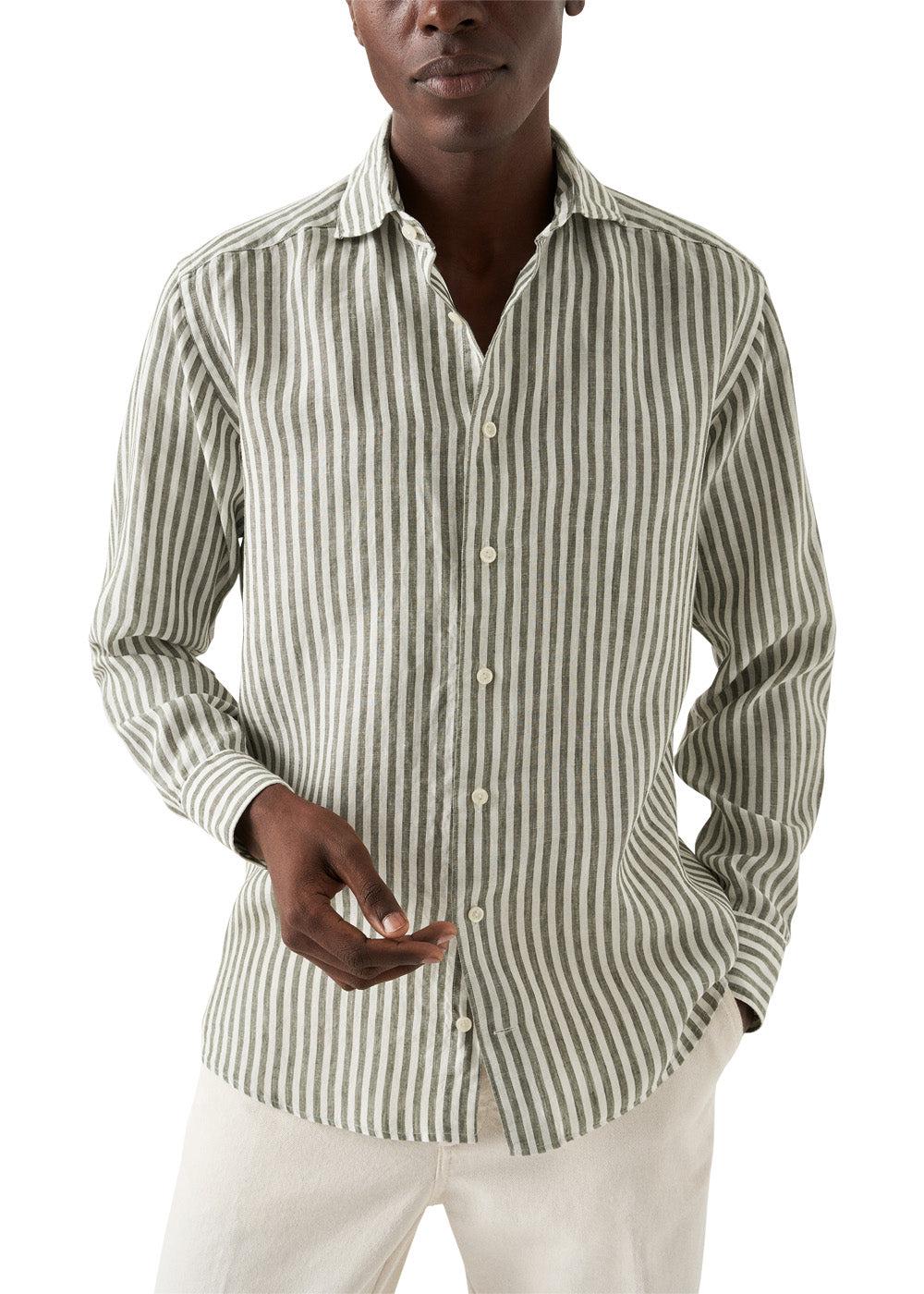 Slim Stripped Linen Shirt - Green