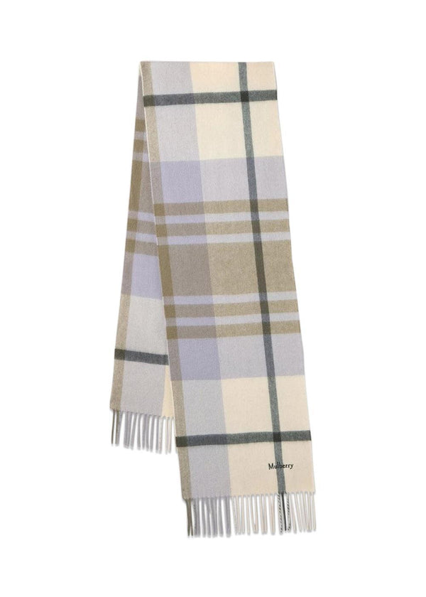 Small Check Merino Wool Scarf 30 x 200 - Eggshell-Olive-Scarf-Mulberry-Butler Loftet