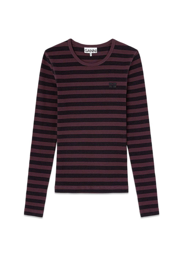 Soft Cotton Stripe Rib Longsleeve - Chocolate Plum-T-shirts-Ganni-Butler Loftet