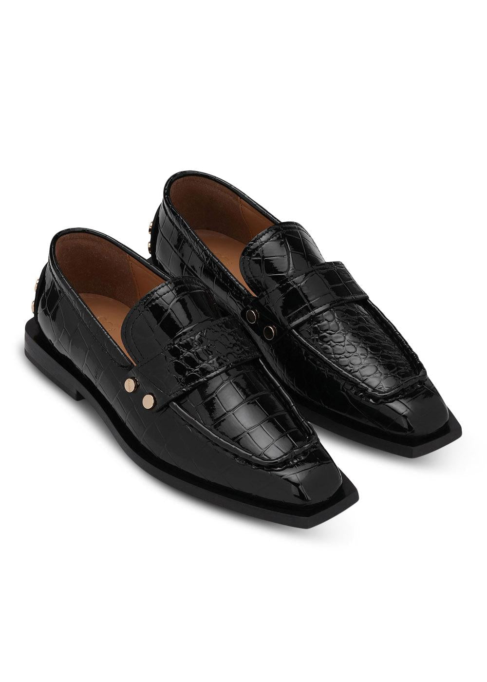 Studs Square Toe Loafer Shiny Croco - Black-Shoes-Ganni-Butler Loftet