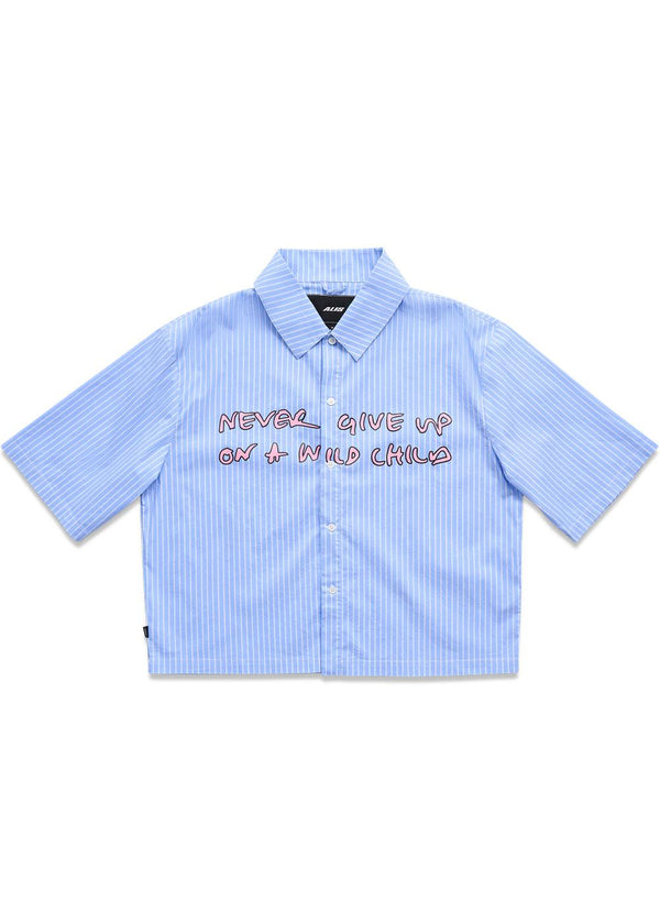 THEOTIS CROPPED SHORT SLEEVE SHIRT W/ CHEST PRINT - White & Blue Stripe-Shirts-ALIS-Butler Loftet